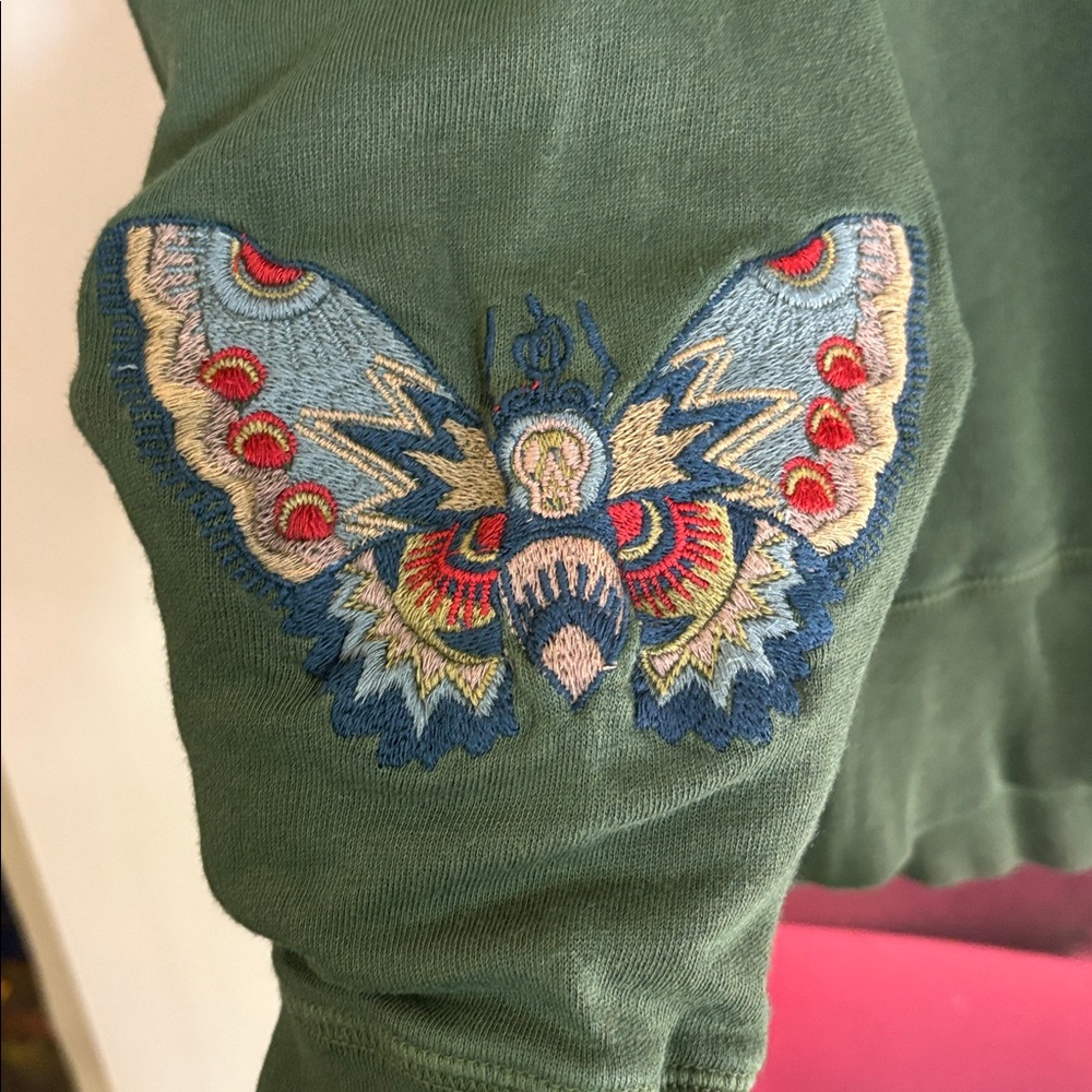 Zadig & Voltaire Green Sweatshirt w/ Butterfly and Skeleton Embroidered Sleeves - Picture 4 of 6